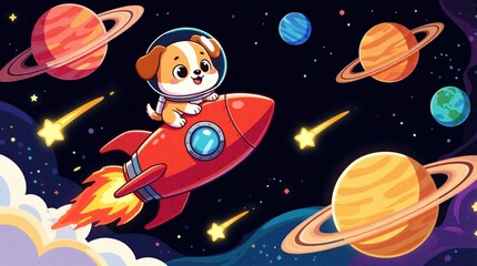 Naklejka premium Cute cartoon puppy travels through deep space on red rocket. Small dog astronaut flies past colorful planets, bright stars, glowing meteors. Whimsical cosmic adventure features nebula clouds,