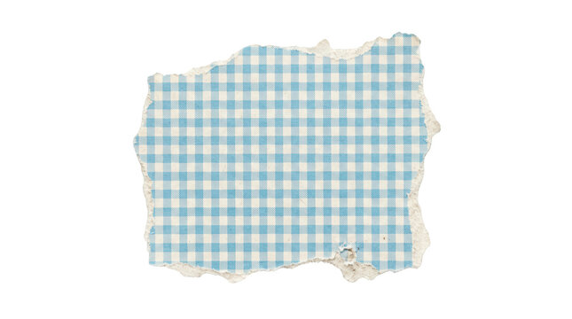 Torn piece of paper with blue gingham pattern isolated on transparent background