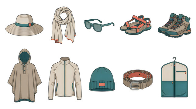 Outdoor travel clothing and hiking accessories set is isolated on a white background.