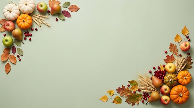 Thanksgiving day background with pumpkins and autumn leaves on green surface