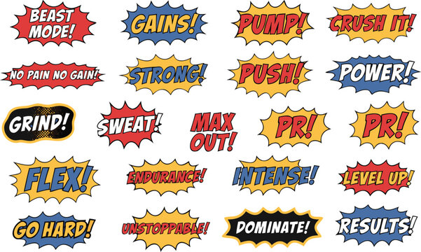Comic book style fitness motivation speech bubble set with power gains push sweat grind intense level up and beast mode workout stickers.