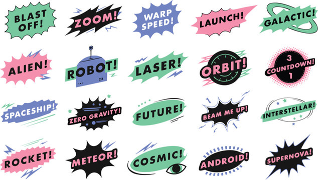 Galactic space comic text stickers with supernova and blast off icons featuring neon green pink and black colors for science fiction media.