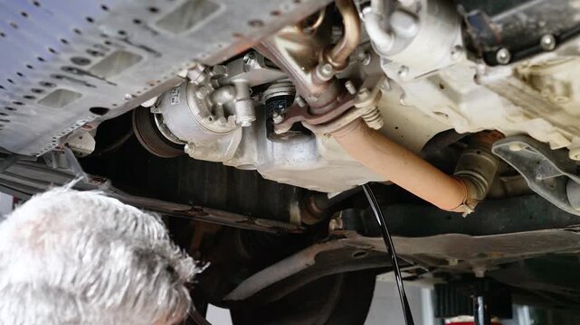 Mechanic removing the oil drain plug underneath a raised car as used engine oil begins draining during an oil change