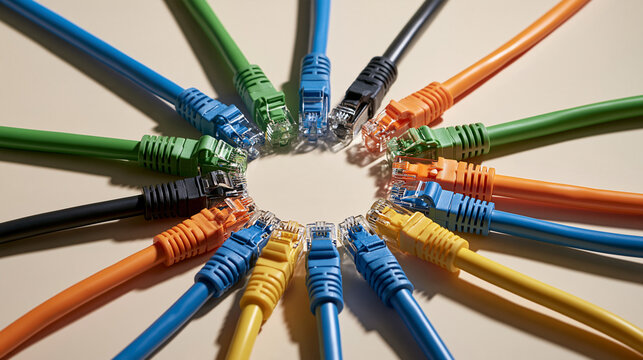 Colorful Ethernet network cables arranged in circle on white background
