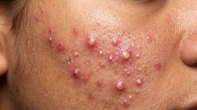 Macro shot of severe pustular acne with clogged pores and inflammation on cheek skin
