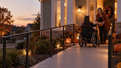 Obraz premium Woman in wheelchair welcomes trick or treat child on accessible ramp, inclusion for seasonal advertising