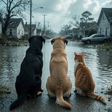Three animals, two dogs and cat, sit together looking at flooded street with houses and cars. Pets appear lost and scared, waiting for rescue after disaster struck their home and neighborhood.