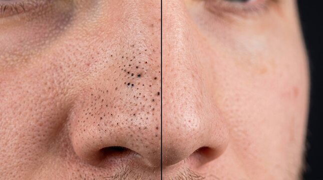 Before and after split comparison of blackhead removal on male nose pores