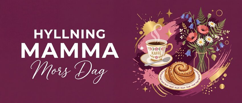 Mors dag mamma Swedish fika celebration banner featuring cup of coffee, cinnamon bun, and wildflower bouquet on purple background for Mother's Day greeting card design.