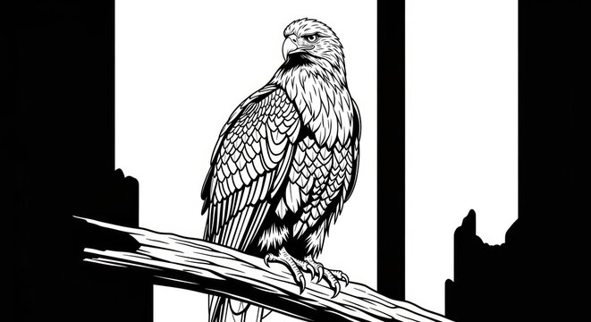 Black and white illustration of a perched eagle on a branch