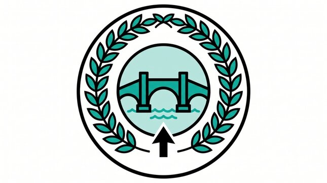 infrastructure job creation concept. Bridge icon with laurel wreath and arrow pointing upward in circle