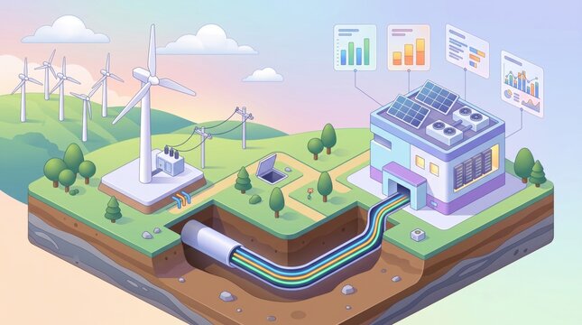 infrastructure job creation concept. Isometric illustration of wind turbines powering a data center through underground cables.