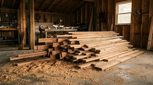 Pile of raw lumber and sawdust in an empty workshop in warm afternoon light