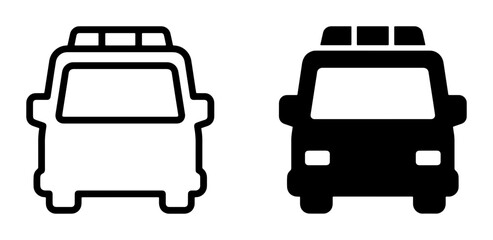 Emergency Vehicle Icons, Ambulance and Police Car Silhouettes, Front View, Vector Graphics for Safety and Transport Concepts © Aria