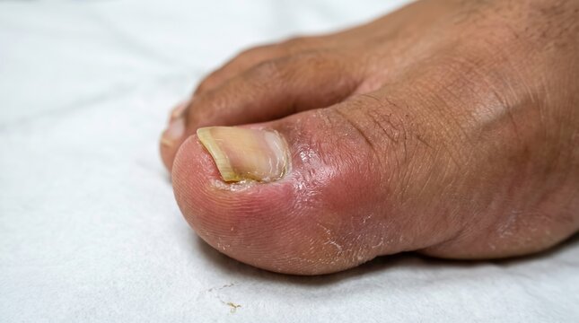 Macro of swollen red big toe suffering from painful paronychia and ingrown nail