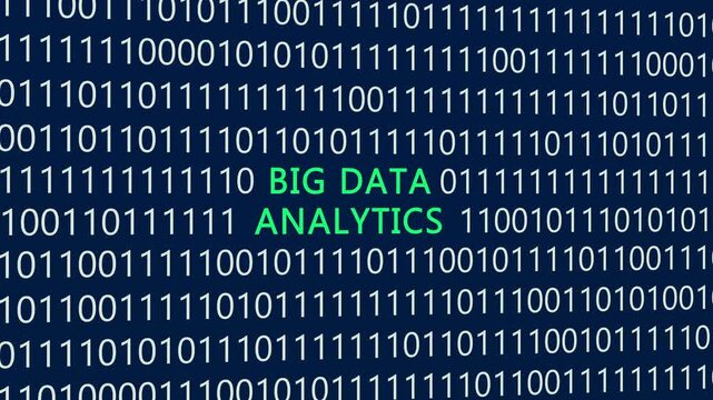 Big data analytics text or word with digital binary animation background, designed for an illustrative digital world technology concept representing large-scale dataset processing, advanced business i