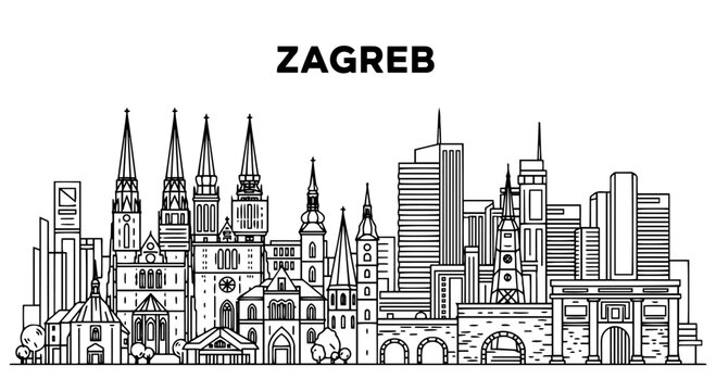 Zagreb Skyline Illustration Showing Landmarks and Architecture