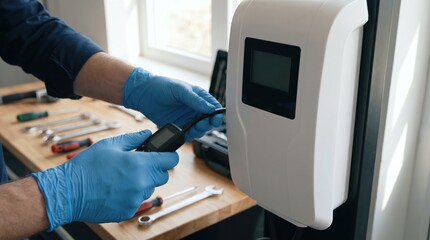 Obraz premium infrastructure job creation concept. Person wearing gloves installing or repairing an electric vehicle charger