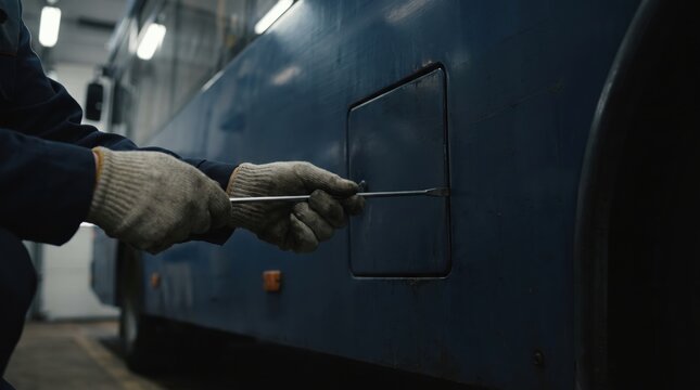 infrastructure job creation concept. Person wearing gloves unlocking a door on a dark blue vehicle.