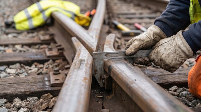 infrastructure job creation concept. Railway worker measuring train tracks with a square tool on railroad junction.