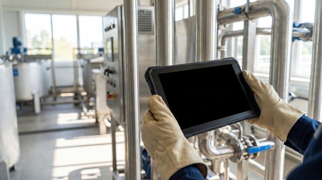 infrastructure job creation concept. Person using touchscreen tablet in industrial stainless steel processing plant