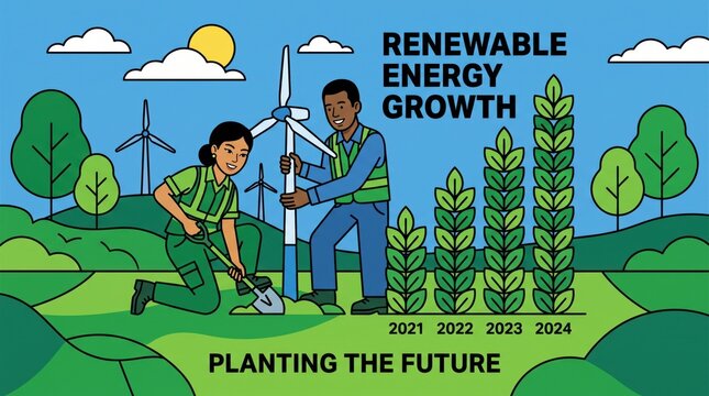 infrastructure job creation concept. Two people install wind turbines amid plants symbolizing renewable energy growth.