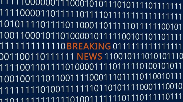 Breaking news text or word with digital binary animation background, designed for an illustrative digital world technology concept representing urgent information updates, digital media broadcasts