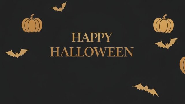 Animated Halloween title card with 'Happy Halloween' text in elegant gold typography, surrounded by flying bats and pumpkin icons on a dark background &mdash; ideal for social media, intros, or seasonal pro
