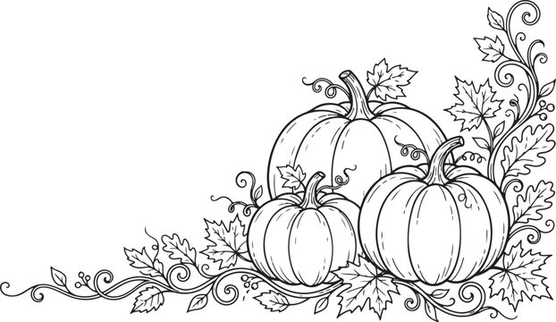 Black and white ink sketch of autumn pumpkins and fall leaves with line art pumpkins thanksgiving seasonal vegetables illustration