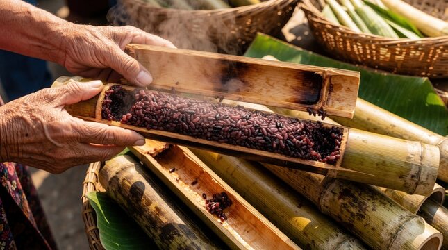 Hands open roasted bamboo tube filled with steaming black glutinous rice. Traditional Khao Lam preparation, eco-friendly natural food packaging reveal.