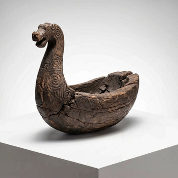 Antique Carved Wooden Miniature Viking Longship Vessel with Dragon Figurehead