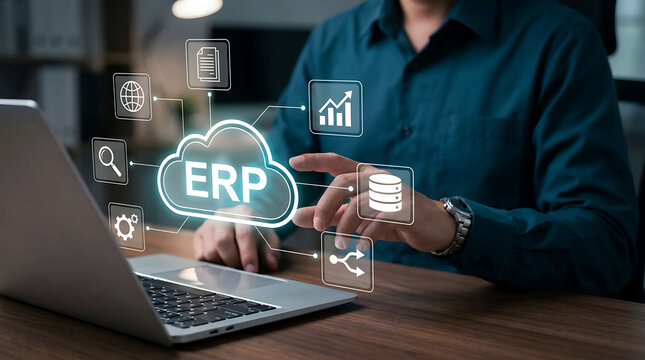 Businessman using laptop with ERP cloud computing software interface technology