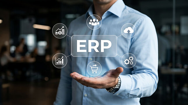 Businessman holding digital ERP system workflow and business management icons