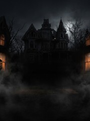 Obraz premium Abandoned haunted Victorian mansion with fog and glowing windows at night for Halloween background
