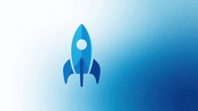 Blue rocket ship icon illustration. Minimalist space shuttle symbol for startup launch, business growth. Modern flat graphic design represents mission success, innovation, tech exploration. Creative