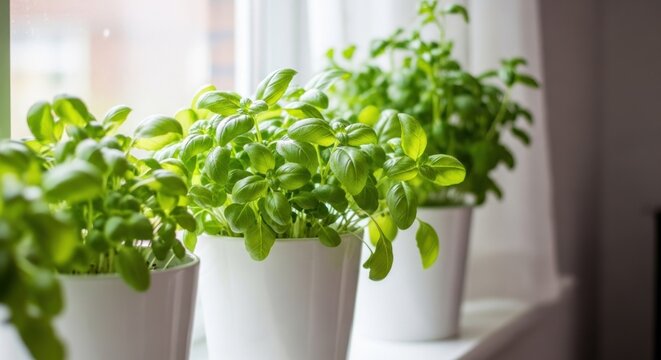 Green basil plants in white pots on a windowsill with bright sunlight