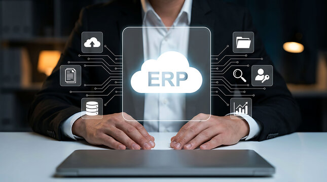 Businessman interacting with cloud ERP software interface and business data icons