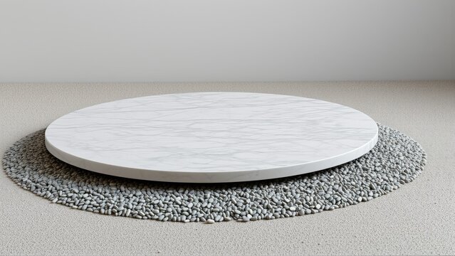 Round marble tabletop rests upon pebble surface. Minimalist design, neutral tones, clean lines present simple elegance. Interior setting.