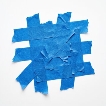 Overlapping blue masking tape strips with torn edges isolated on a white background