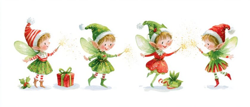 Cute watercolor illustration of Christmas fairies casting tiny magical light spells and glowing star dust over different objects, four different poses in a horizontal row, character sheet, isolated on