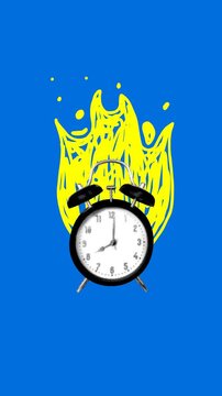 Collage with burning alarm clock. Deadline concept. Halftone alarm clock and doodle style fire. Time management. Animation. Vertical video