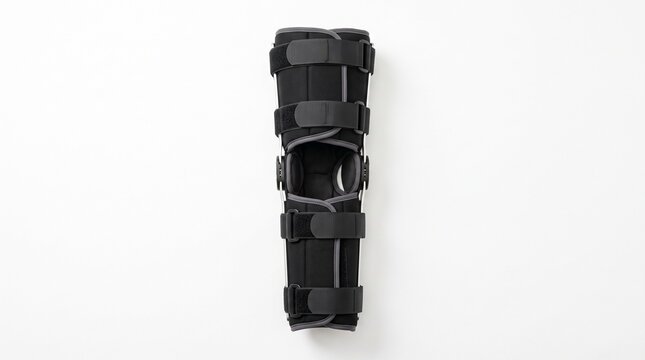 Medical leg brace splint for knee and lower leg stabilization with adjustable velcro straps on white background