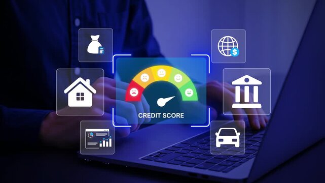 Businessman working on laptop while evaluating credit score with financial icons. Ideal for concepts related to personal finance, credit management, and financial literacy. Ledger