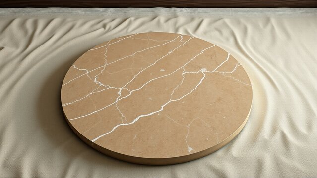 Round marble surface rests upon fabric. Beige tones dominate, featuring white veining. Minimalist composition, studio lighting present. Simple, elegant design.