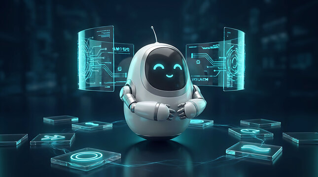Friendly white service robot surrounded by glowing holographic displays and data