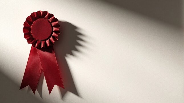Red rosette ribbon pinned on wall. Dark shadow contrasts smooth surface. Symbol of award, success, and achievement on textured background. Elegant decoration signifying merit.