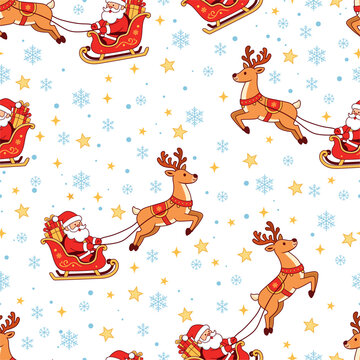 Christmas Seamless Pattern with Santa Claus Riding Sleigh and Reindeer Flying on White Background