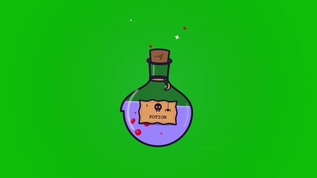 Animated Halloween Poison Potion Bottle with Bubbles and Sparkles on Green Screen