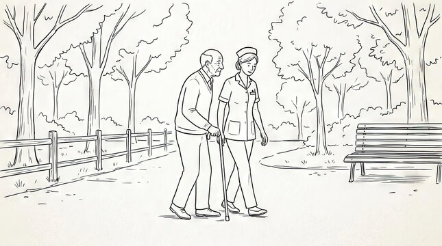 Nurse assisting elderly man walking in park line art.