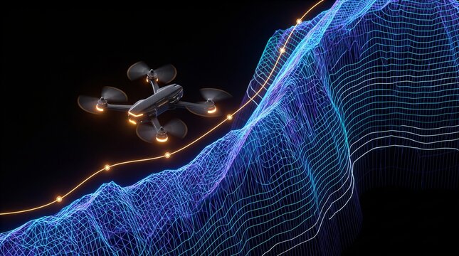 Glacial Arete Ridge Patrol By Autonomous Surveillance Drone Flying Along Knife Edge Mountain Spine Over Glowing 3D Wireframe Terrain Mesh Contour Lines Flight Path Nodes And High Altitude Vectors